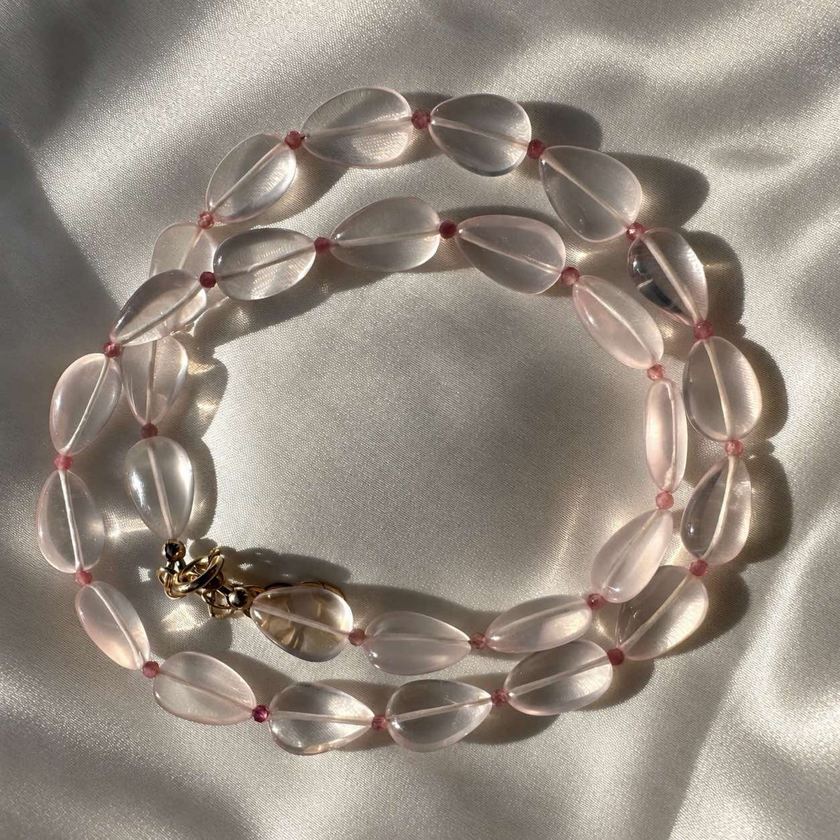ROSE WATER necklace with pear-shaped rose quartz gemstones and pink tourmaline accents