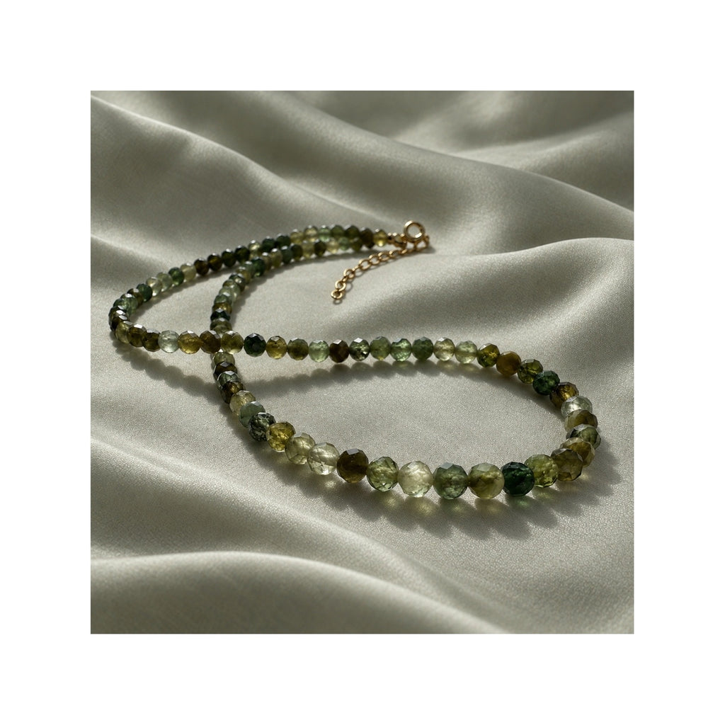 FOREST GREENS green tourmaline necklace close-up showing moss, olive and sage gemstone shades