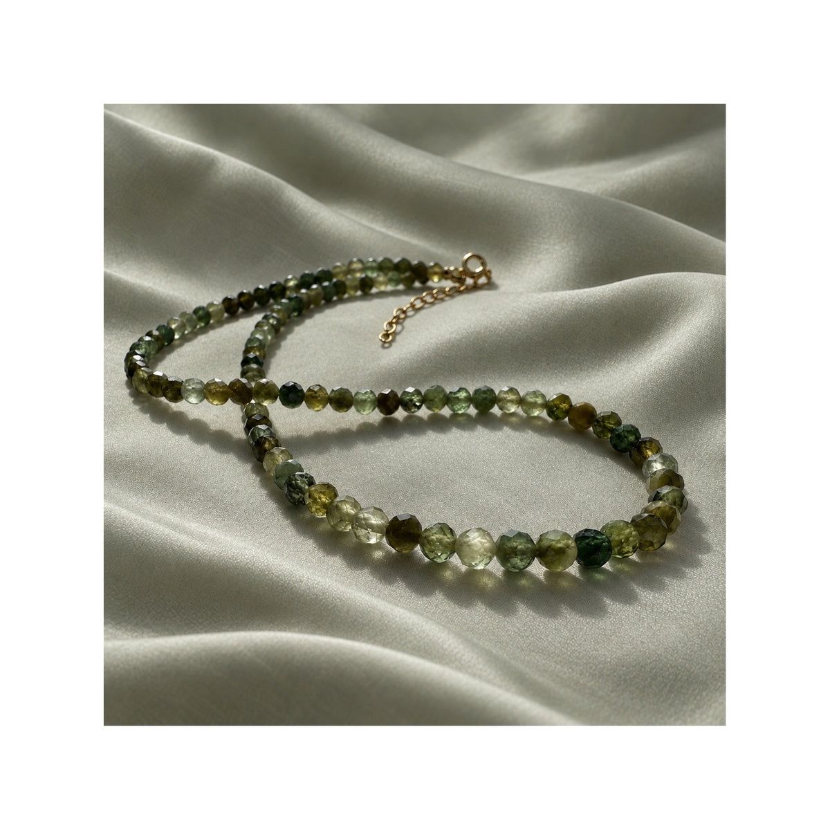 FOREST GREENS green tourmaline necklace close-up showing moss, olive and sage gemstone shades