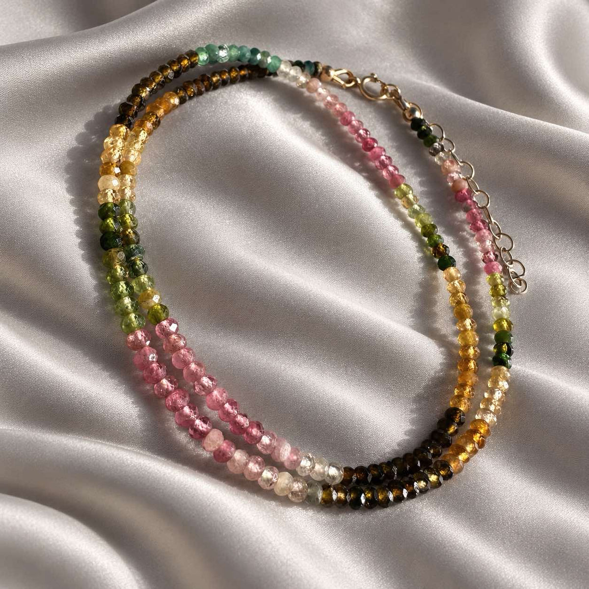 AFTER HOURS faceted tourmaline necklace with pink, green and champagne beads and a 14k gold-filled extension chain